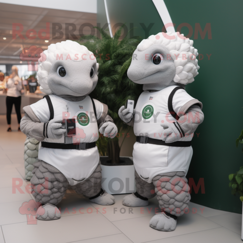 White Pangolin Mascot Costume Character Dressed With A Overalls And Smartwatches Mascot 4542