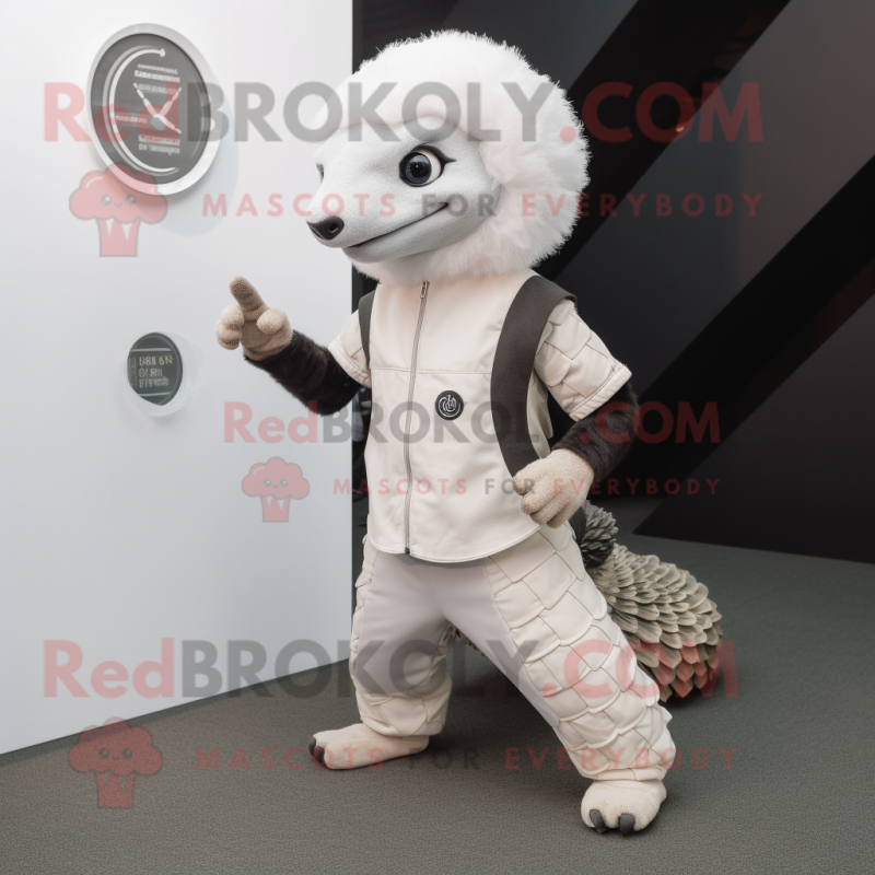 White Pangolin Mascot Costume Character Dressed With A Overalls And Smartwatches Mascot 9193
