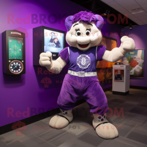 Purple Irish Dancer mascot costume character dressed with a Tank Top and Bracelet watches