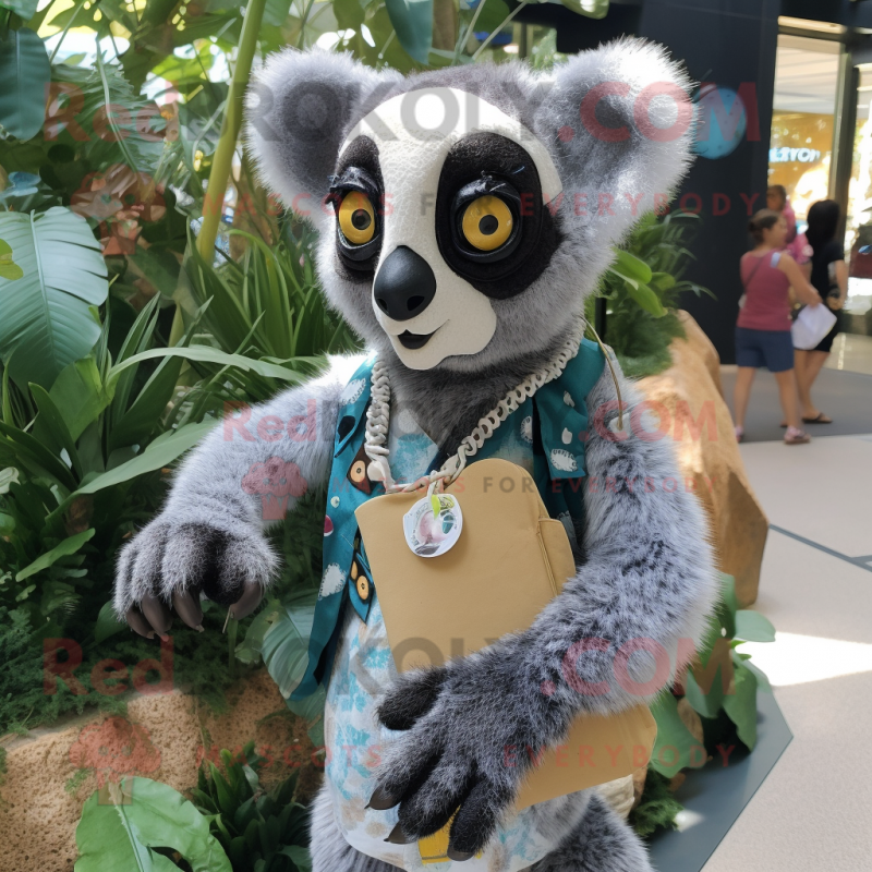 nan Lemur mascot costume character dressed with a Henley Shirt and Clutch bags
