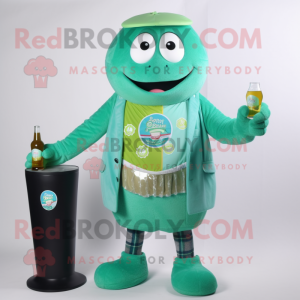 Turquoise Green Beer mascot costume character dressed with a Cardigan and Ties