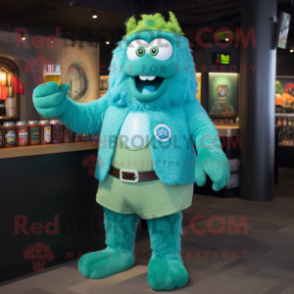 Turquoise Green Beer mascot costume character dressed with a Cardigan and Ties