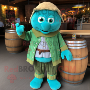 Turquoise Green Beer mascot costume character dressed with a Cardigan and Ties