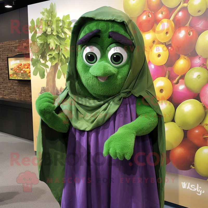 Olive Grape mascot costume character dressed with a Maxi Dress and Shawl pins