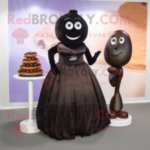 Black Chocolates mascot costume character dressed with a Evening Gown and Brooches