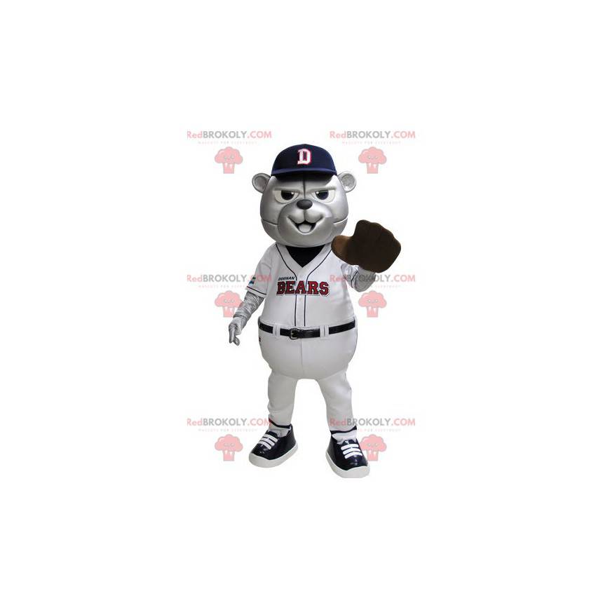 Mascota del oso gris en traje de béisbol azul y blanco -