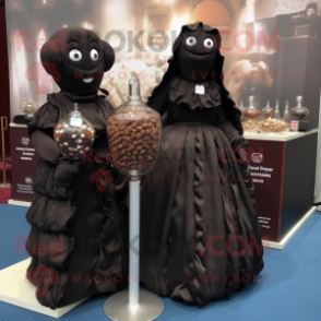 Black Chocolates mascot costume character dressed with a Evening Gown and Brooches