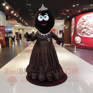 Black Chocolates mascot costume character dressed with a Evening Gown and Brooches