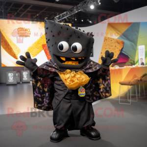 Black Nachos mascot costume character dressed with a Suit Jacket and Scarves
