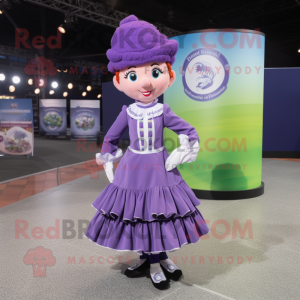 Lavender Irish Dancer mascot costume character dressed with a Wrap Skirt and Berets