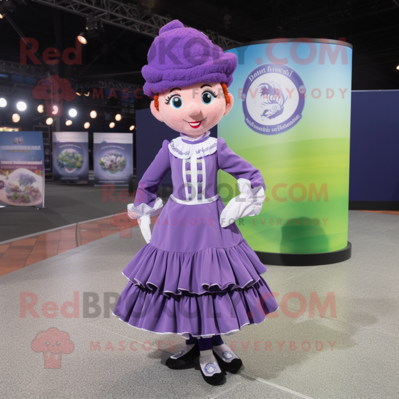 Lavender Irish Dancer mascot costume character dressed with a Wrap Skirt and Berets