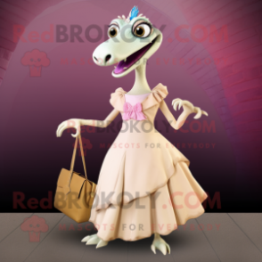 Cream Dimorphodon mascot costume character dressed with a Ball Gown and Handbags