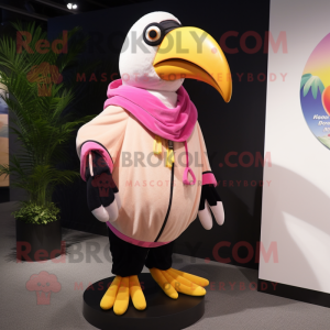 Pink Toucan mascot costume character dressed with a Jacket and Shawl pins