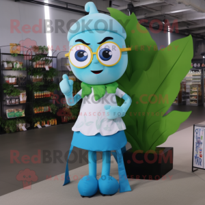 Sky Blue Beanstalk mascot costume character dressed with a Circle Skirt and Reading glasses