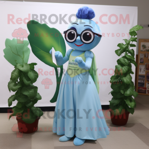 Sky Blue Beanstalk mascot costume character dressed with a Circle Skirt and Reading glasses