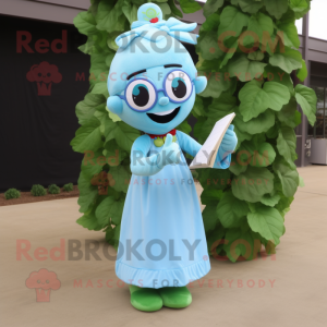 Sky Blue Beanstalk mascot costume character dressed with a Circle Skirt and Reading glasses