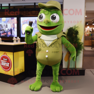 Olive Green Beer mascot costume character dressed with a Romper and Coin purses