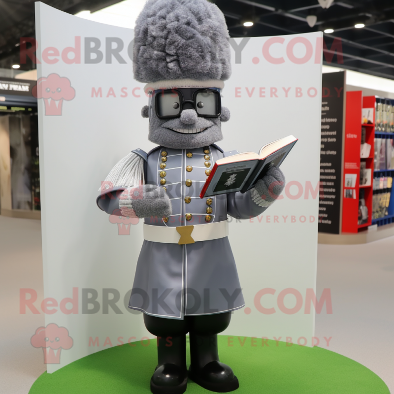 Gray British Royal Guard mascot costume character dressed with a Dress Shirt and Reading glasses