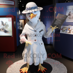 Silver Gull mascot costume character dressed with a Pencil Skirt and Hat pins