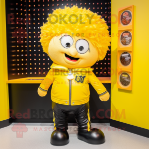 Yellow Candy Box mascot costume character dressed with a Leather Jacket and Lapel pins