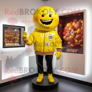 Yellow Candy Box mascot costume character dressed with a Leather Jacket and Lapel pins