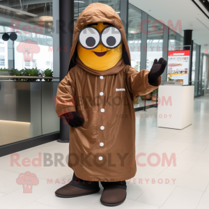Brown Lasagna mascot costume character dressed with a Raincoat and Eyeglasses