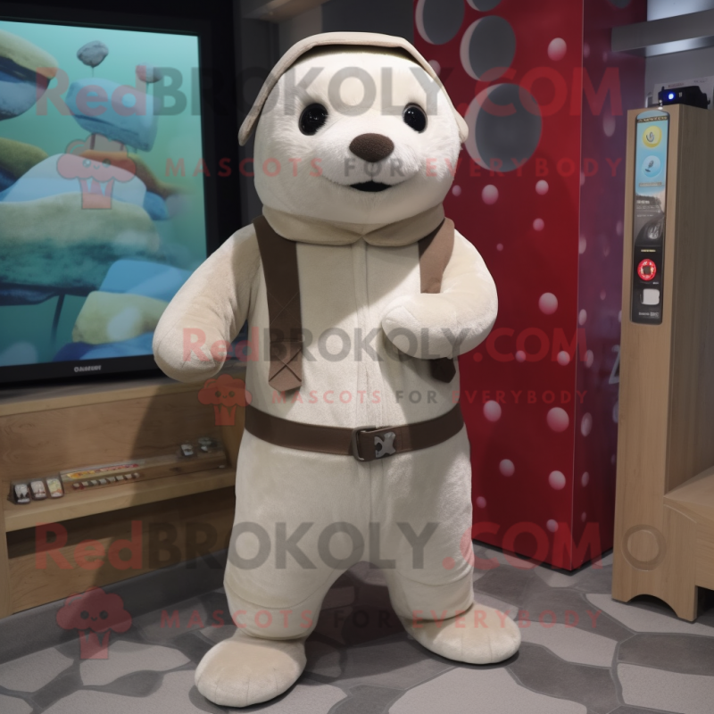 Cream Otter mascot costume character dressed with a Dungarees and Wraps
