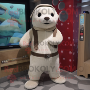 Cream Otter mascot costume character dressed with a Dungarees and Wraps