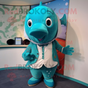 Teal Whale mascot costume character dressed with a Waistcoat and Bracelet watches