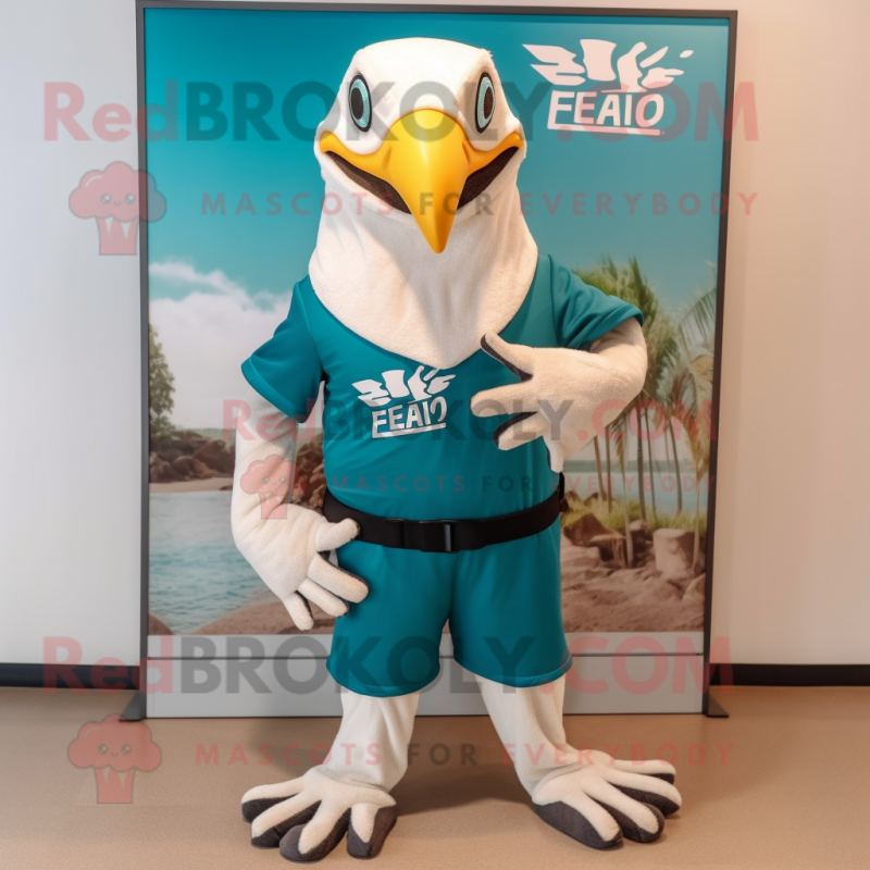 Teal Bald Eagle mascot costume character dressed with a Board Shorts and Scarf clips