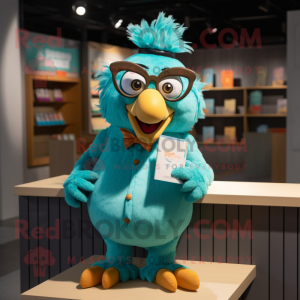 Turquoise Butter Chicken mascot costume character dressed with a Button-Up Shirt and Reading glasses