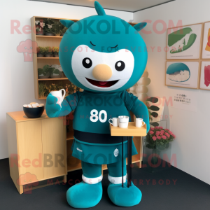 Teal Miso Soup mascot costume character dressed with a Rugby Shirt and Lapel pins