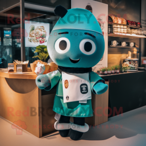 Teal Miso Soup mascot costume character dressed with a Rugby Shirt and Lapel pins