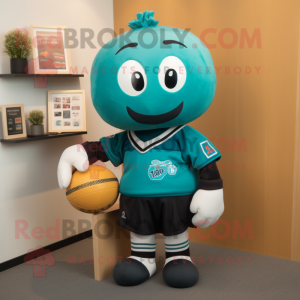 Teal Miso Soup mascot costume character dressed with a Rugby Shirt and Lapel pins