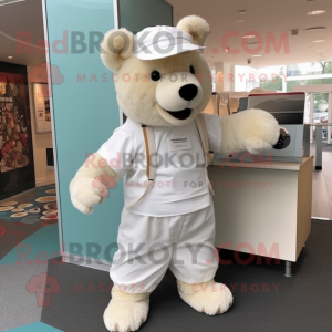 Cream Bear mascot costume character dressed with a Playsuit and Shoe clips