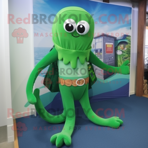 Green Octopus mascot costume character dressed with a Capri Pants and Belts