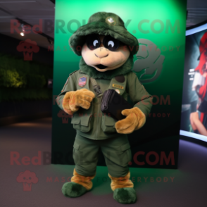 Forest Green Green Beret mascot costume character dressed with a Moto Jacket and Clutch bags