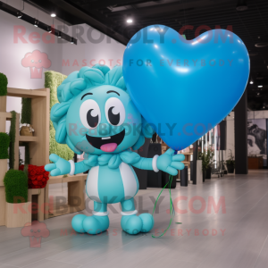 Cyan Heart Shaped Balloons mascot costume character dressed with a Romper and Keychains