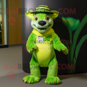 Lime Green Thylacosmilus mascot costume character dressed with a Bikini and Caps