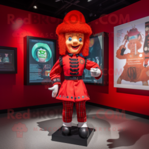 Red Irish Dancer mascot costume character dressed with a Romper and Hat pins
