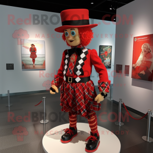 Red Irish Dancer mascot costume character dressed with a Romper and Hat pins