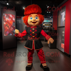 Red Irish Dancer mascot costume character dressed with a Romper and Hat pins