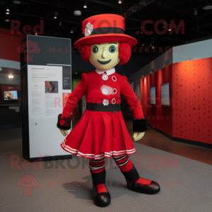 Red Irish Dancer mascot costume character dressed with a Romper and Hat pins