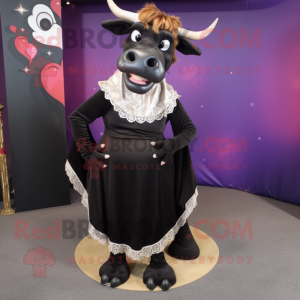 Black Beef Stroganoff mascot costume character dressed with a Evening Gown and Earrings