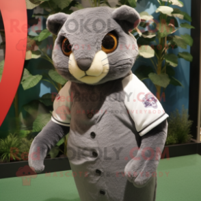 Gray Jaguarundi mascot costume character dressed with a Baseball Tee and Shawls