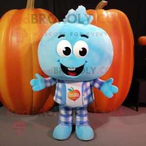 Sky Blue Pumpkin mascot costume character dressed with a Flannel Shirt and Keychains