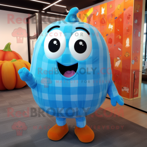 Sky Blue Pumpkin mascot costume character dressed with a Flannel Shirt and Keychains