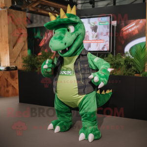 Green Stegosaurus mascot costume character dressed with a Dungarees and Digital watches