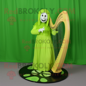Lime Green Celtic Harp mascot costume character dressed with a Circle Skirt and Foot pads