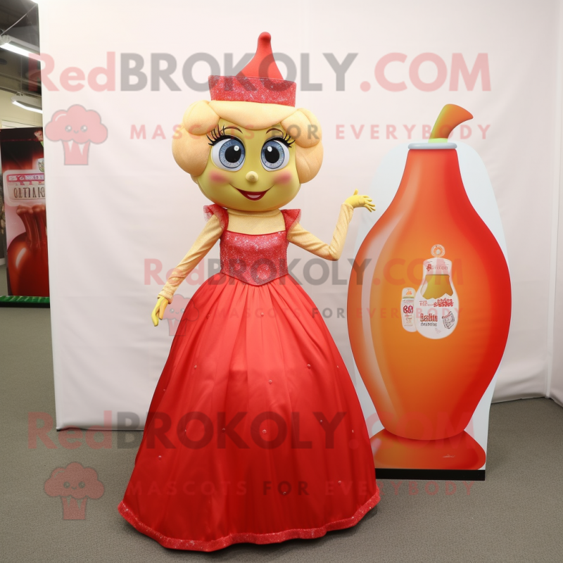 Peach Bottle Of Ketchup mascot costume character dressed with a Evening Gown and Coin purses